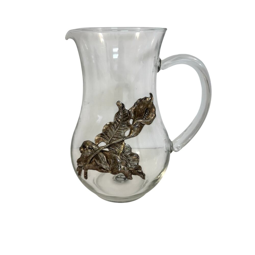 Arthur Court Clear Glass Pitcher with Aluminum Flower Bunny Rabbit Design